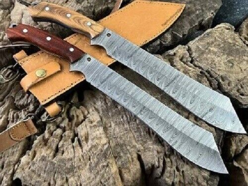 2 PCS CUSTOM MADE DAMASCUS STEEL HUNTING CAMPING SURVIVAL VIKING BOWIE KNIFE 15\