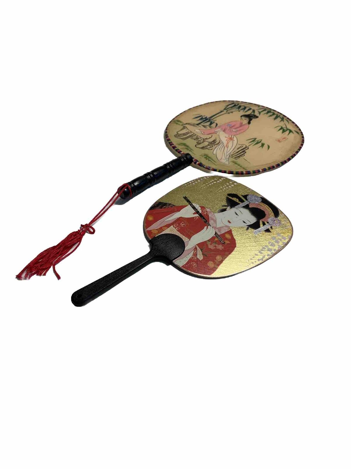 Vintage Chinese Hand Fan Silk, Bamboo Handle, Painted Paddle Fans-lot Of 2