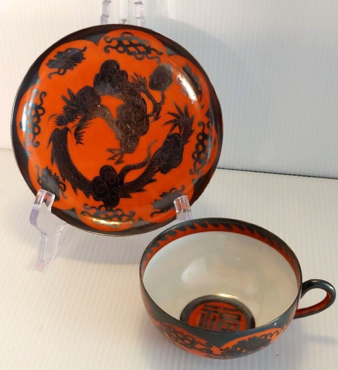 Japanese Kutani Eiraku Eggshell Tea Cup & Saucer Red Dragon Motif Signed