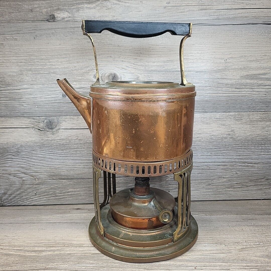 Rare 1910s Art Nouveau Antique Copper Tea Kettle Bass Stand Oil Burner Warmer