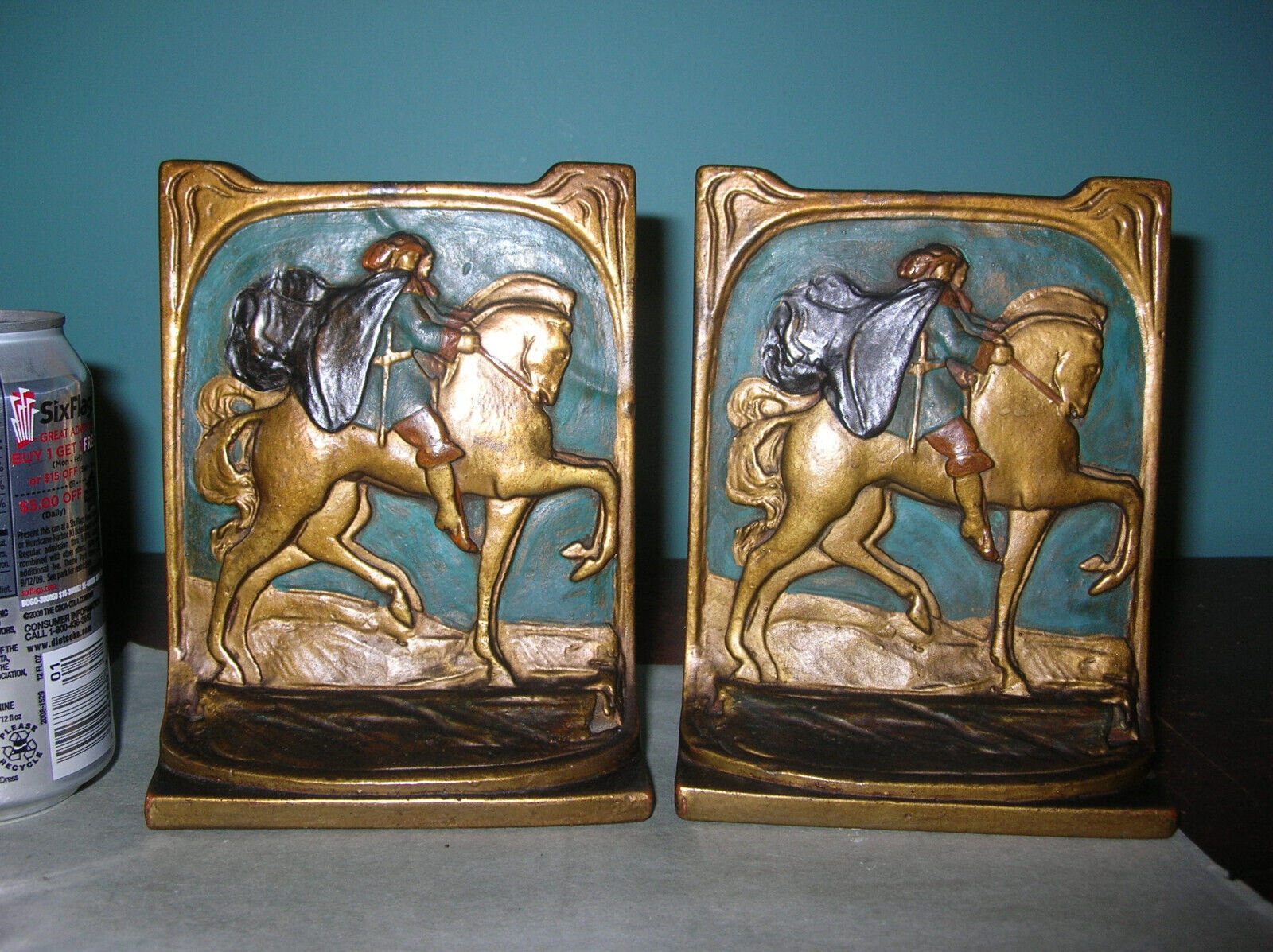 Antique The Knight armor horse bookends Galvano Bronze clad, original paint