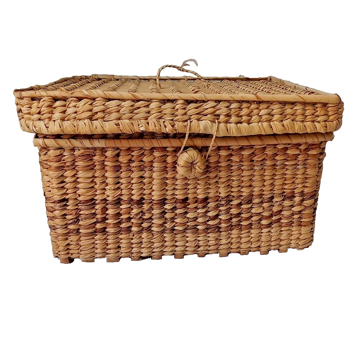 Antique Lidded Woven Rectangular Grass Basket 2 tone Grass Loop & Button Closure
