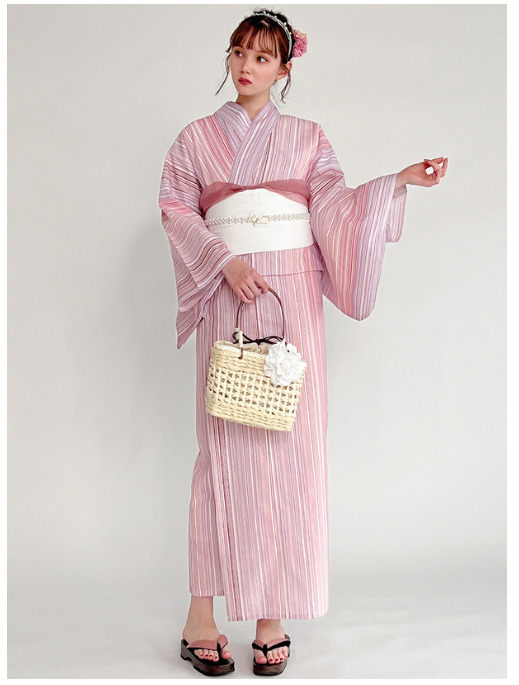 Grail Kimono Yukata Set Pink Stripe white Obi Summer Clothes Japan Cotton 100%