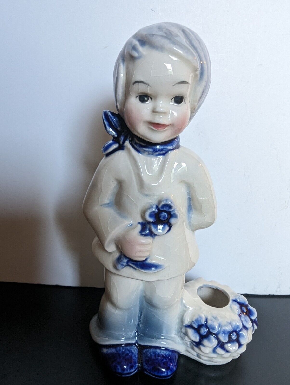 Goebel Boy Figurine with flower, opening for candle/pen Blue Color, #5401012,vtg
