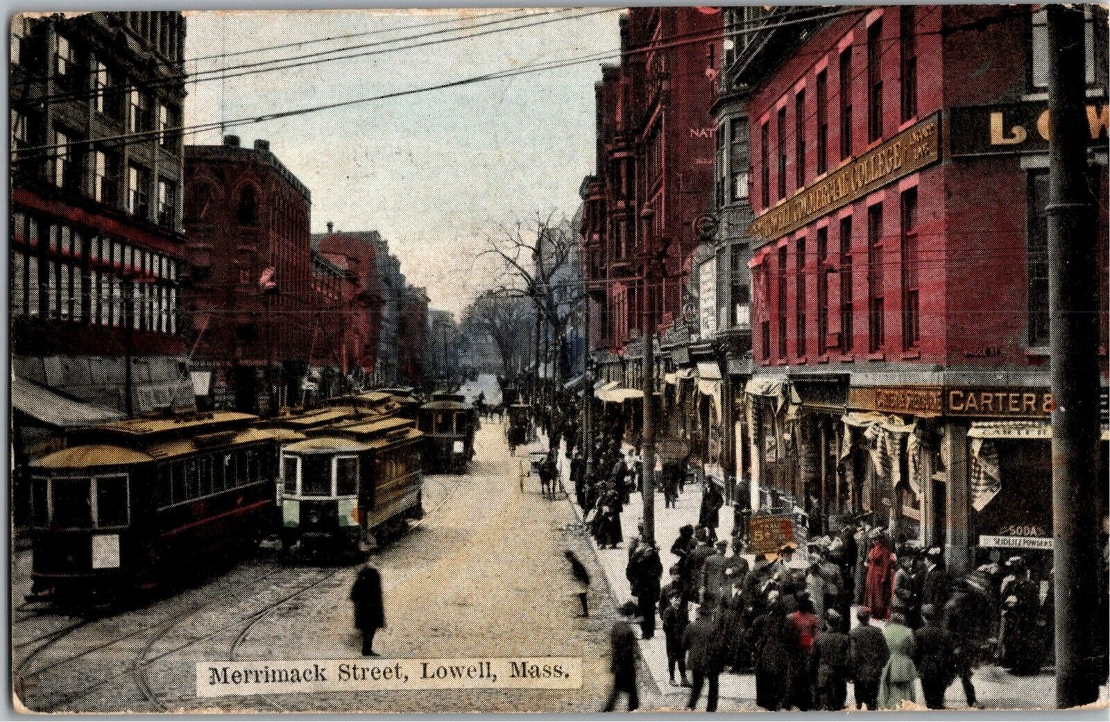Merrimack Street, Street Cars Business District Lowell MA c1908 Postcard M39