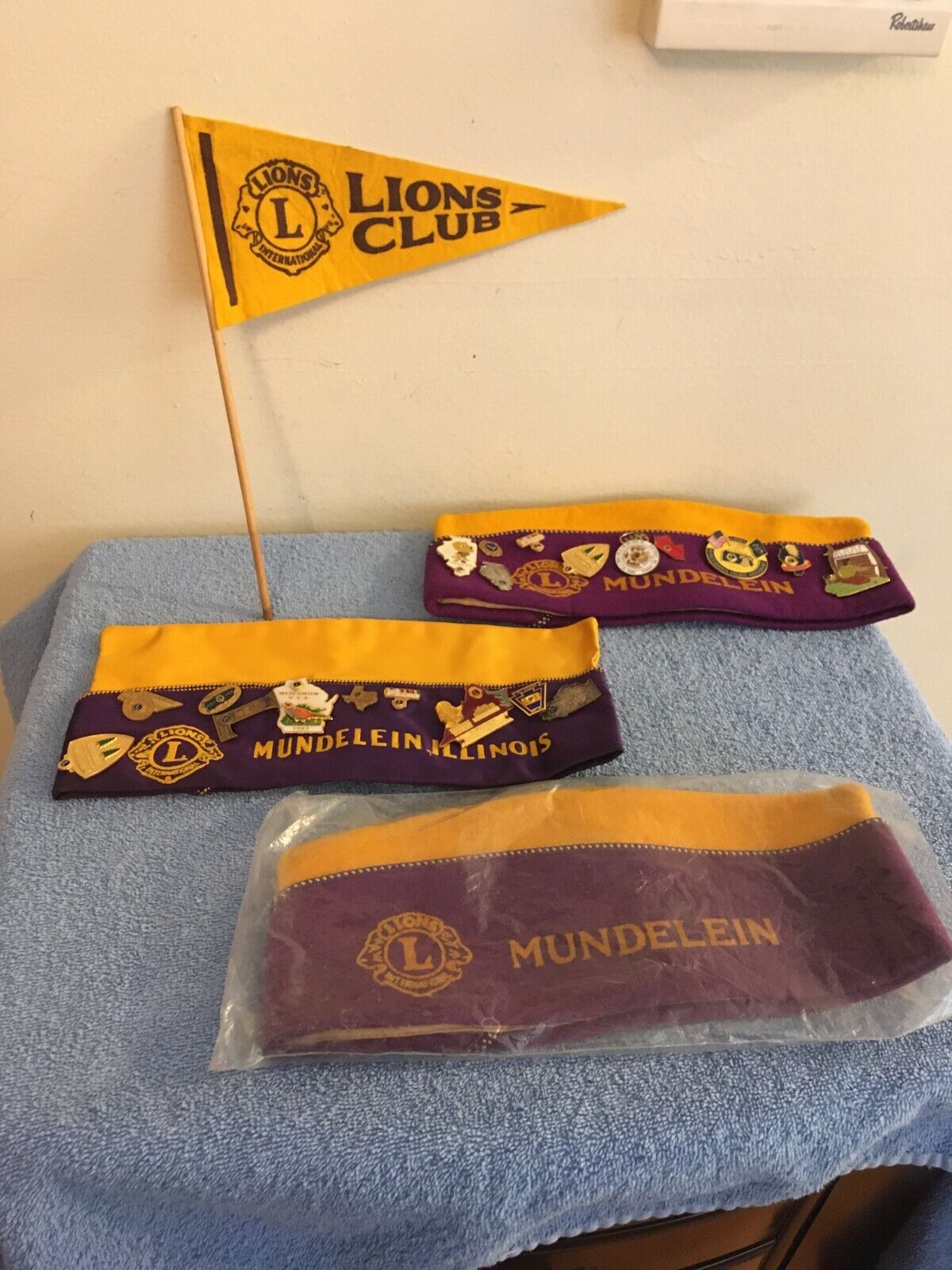 VINTAGE LIONS CLUB INTERNATIONAL ILLINOIS HAT LOT WITH PINS ATTACHED & PENNANT 