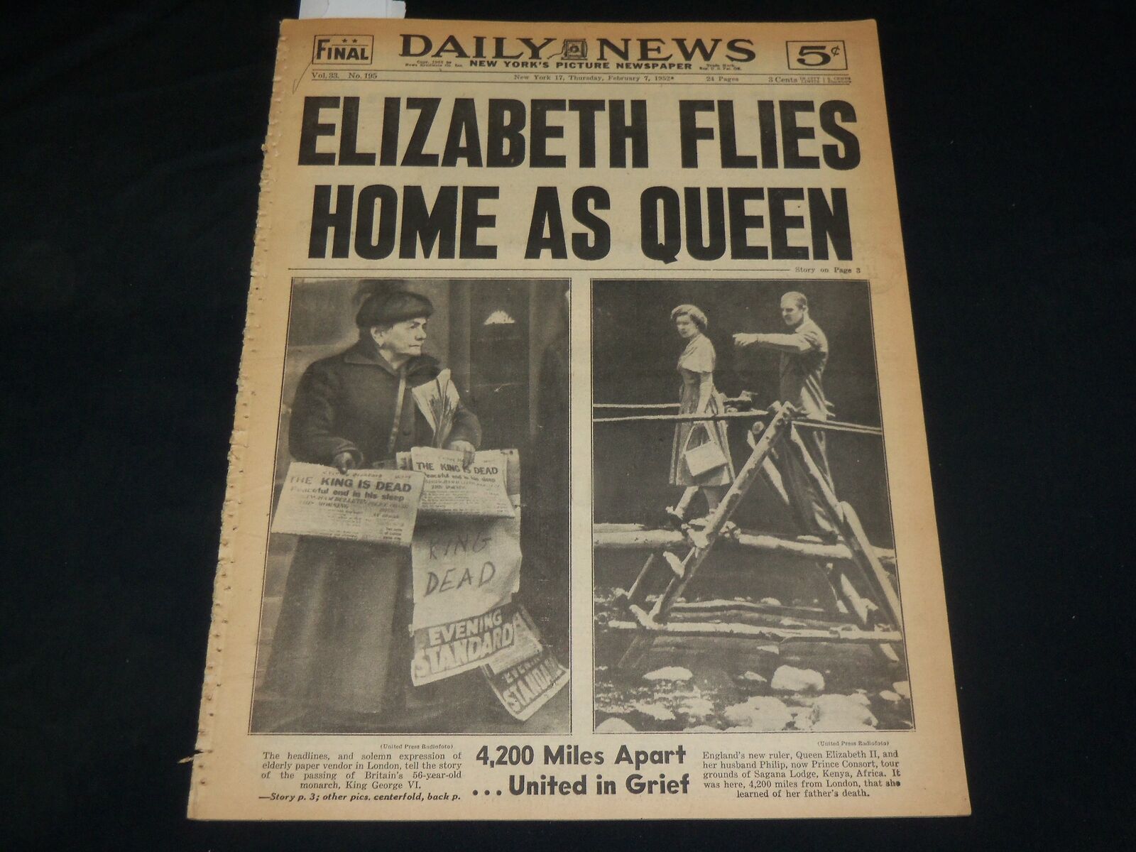 1952 FEBRUARY 7 NEW YORK DAILY NEWS - ELIZABETH FLIES HOME AS QUEEN - NP 5390