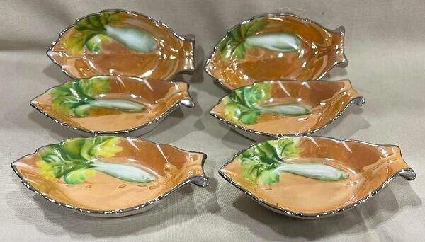 Noritake Set of 6 Open Celery Salts Celery Motif Tan & Silver Lusters Excellent