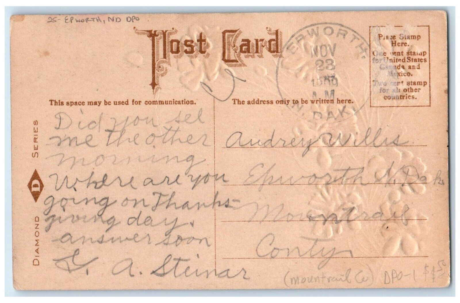 1909 Red Flowers Embossed Epworth North Dakota ND DPO Posted Antique Postcard