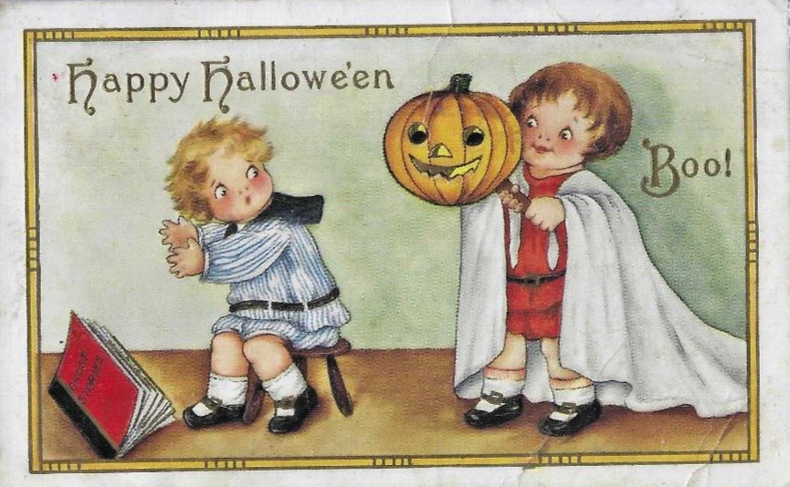 1913 Postcard Girl dressed Ghost JOL scaring Boy Children Happy Halloween Boo