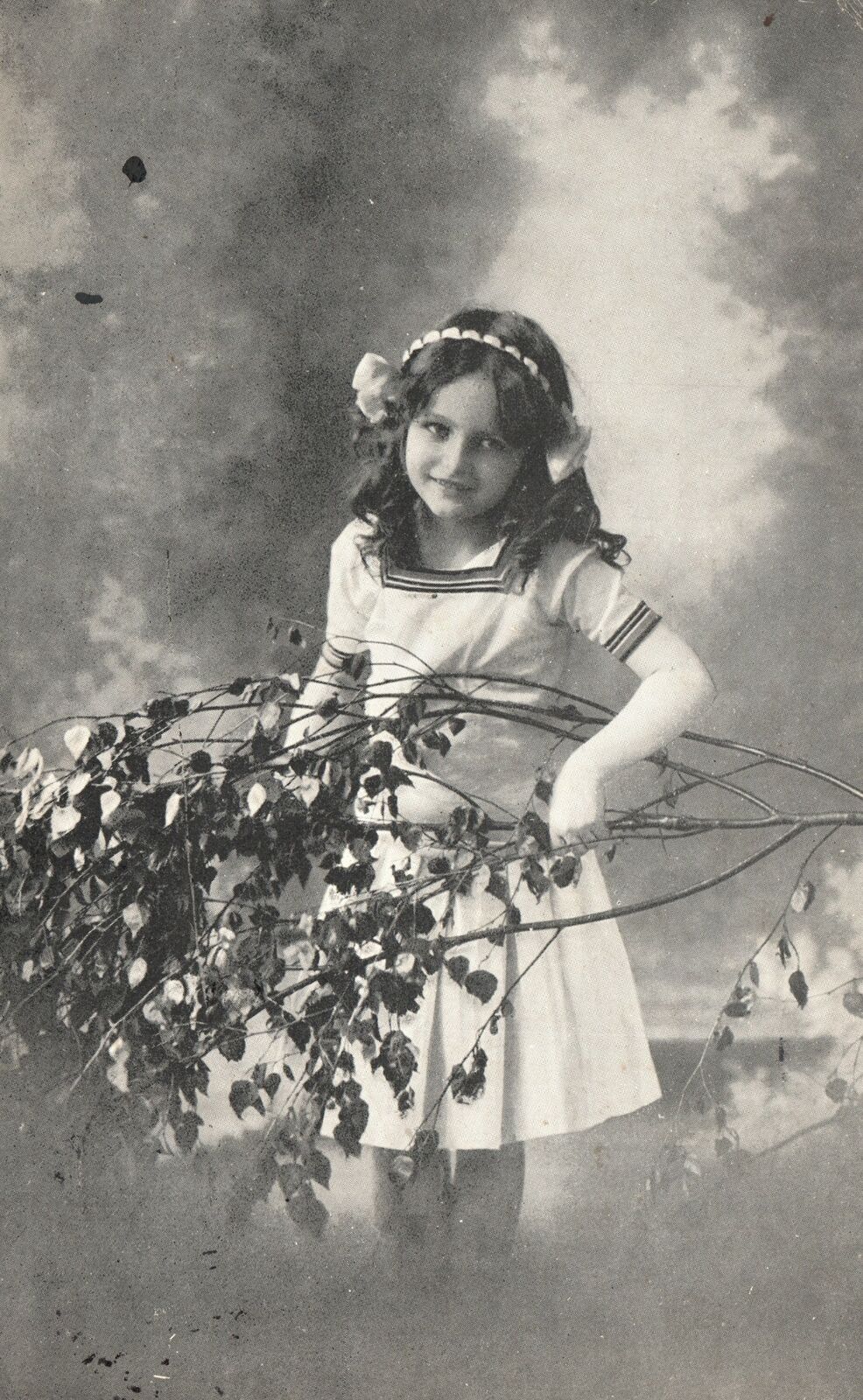Vintage Postcard Beautiful School Girl In her White Uniform Tree Twig