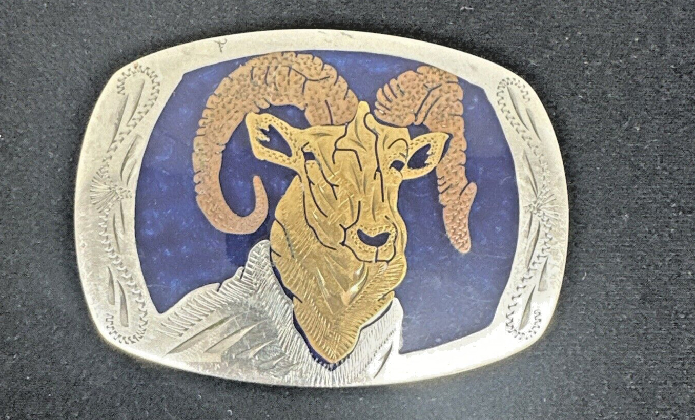 VTG Handcrafted German Silver Belt Buckle Ram Horn  Hunting Gold/Silver