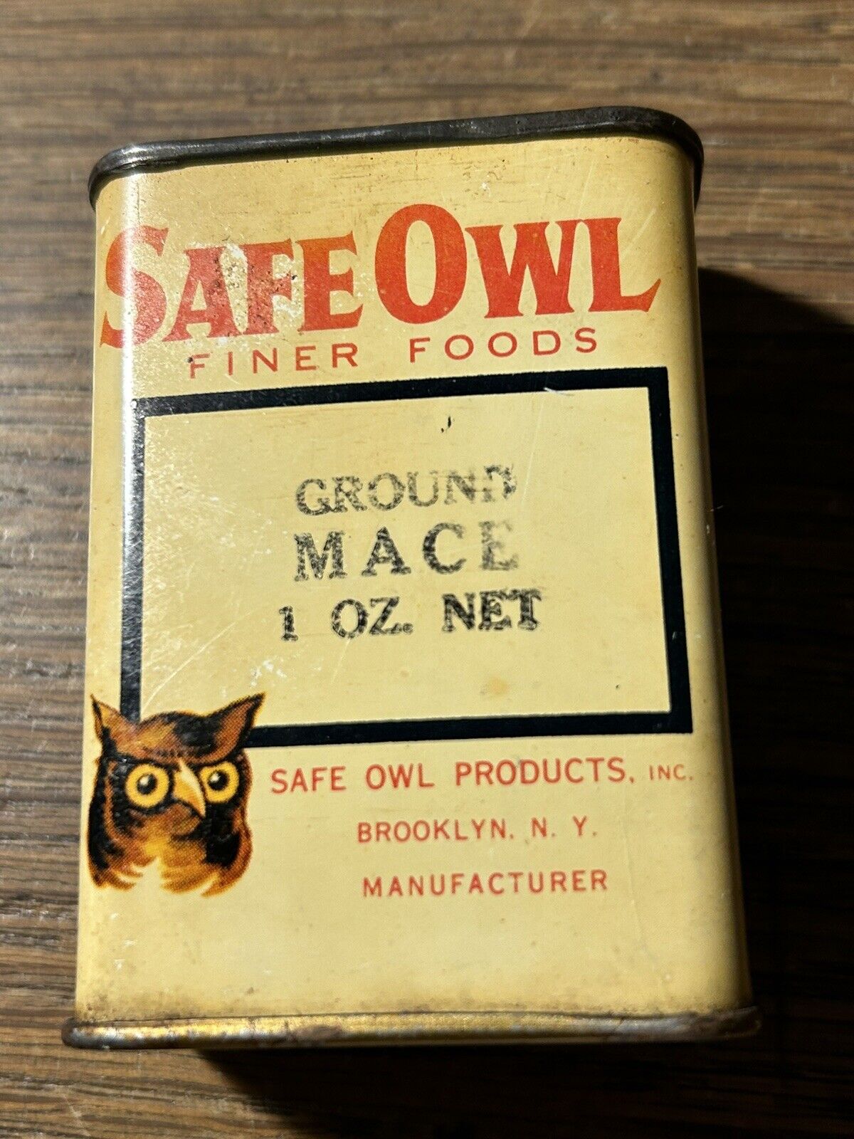 vintage SAFE OWL Mace Spice tin kitchen collectible advertising empty