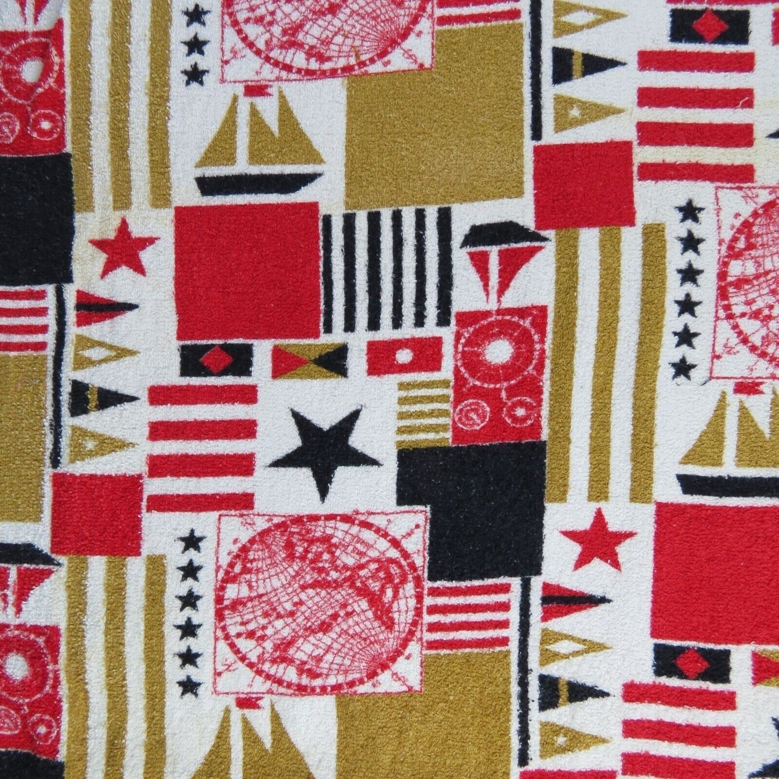 VINTAGE Nautical Cotton Terrycloth Fabric 60s 70s Red Black 2.75 yards x 37\