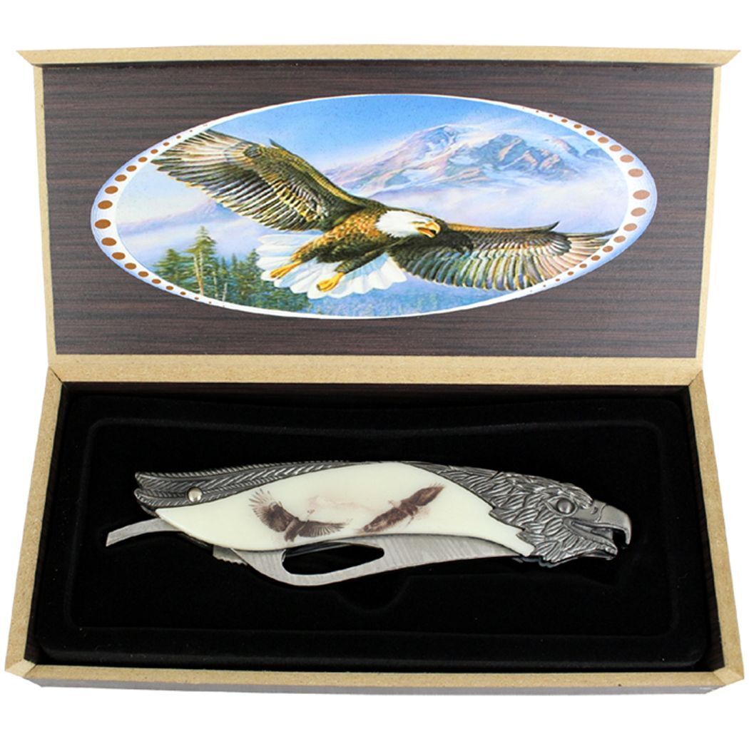 TheBoneEdge 8.5in Eagle Pattern Handle Folding Knife With Gift Box