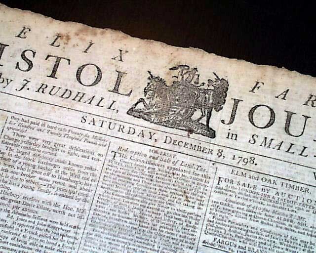 Rare 18th Century Bristol London England UNICORN Masthead Print 1799 Newspaper