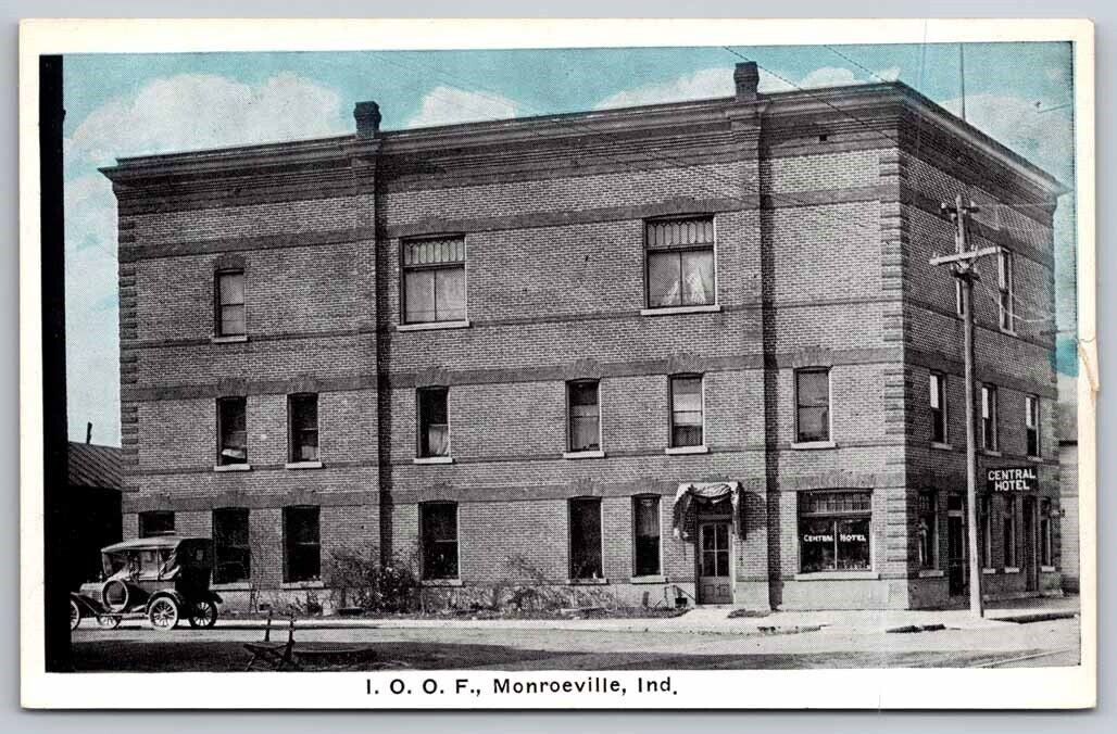 eStampsNet - Monroeville IN IOOF, Central Hotel, Vintage Car Blue Tint Postcard 