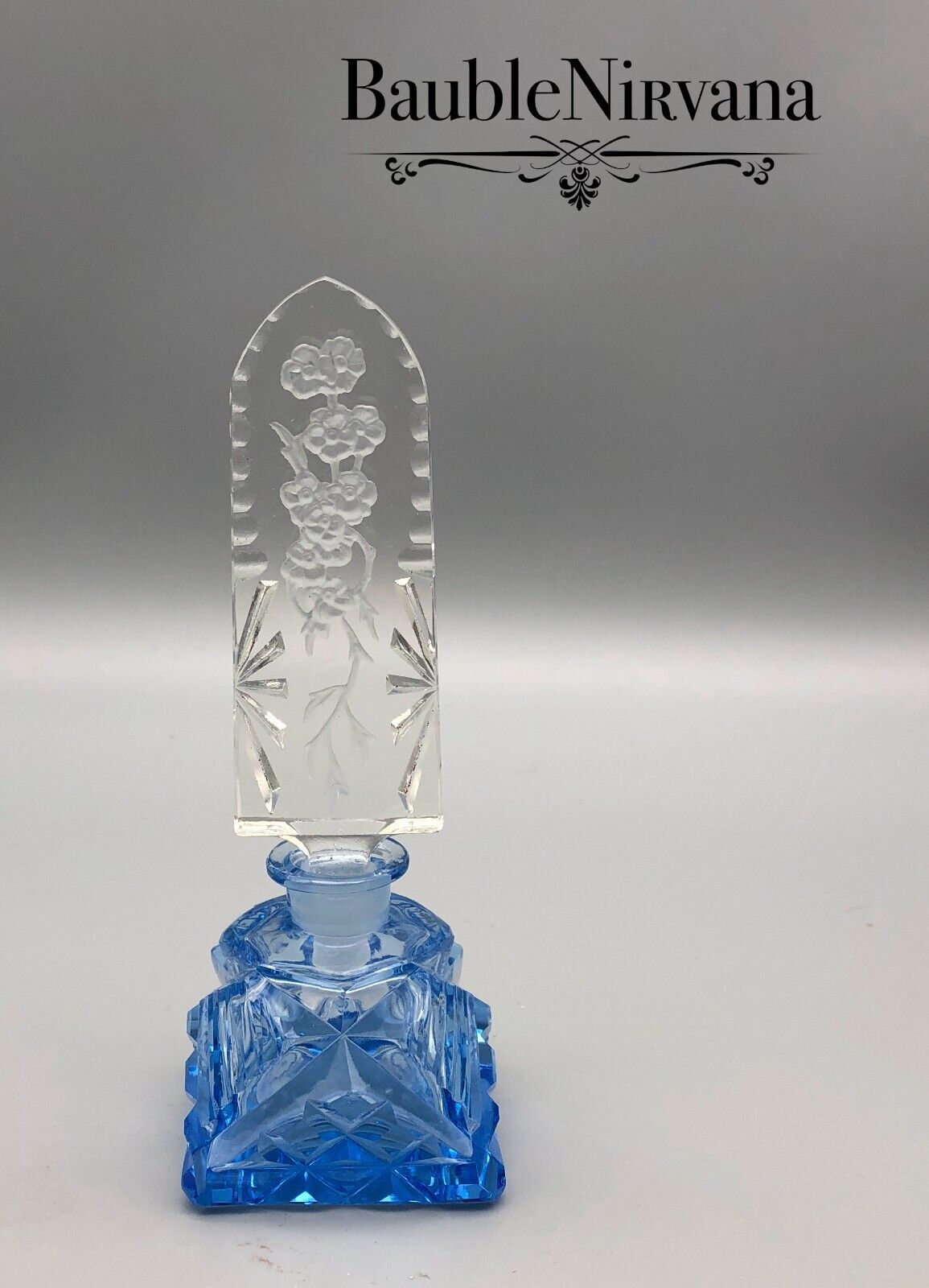 Antique Czechoslovakia Cut Glass Perfume Bottle Blue Base & Intaglio Flowers