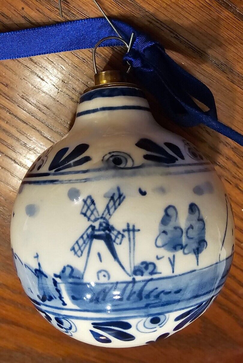 Vintage Hand Painted Pottery DELFT Holland CHRISTMAS ORNAMENT Ball Holiday Blue