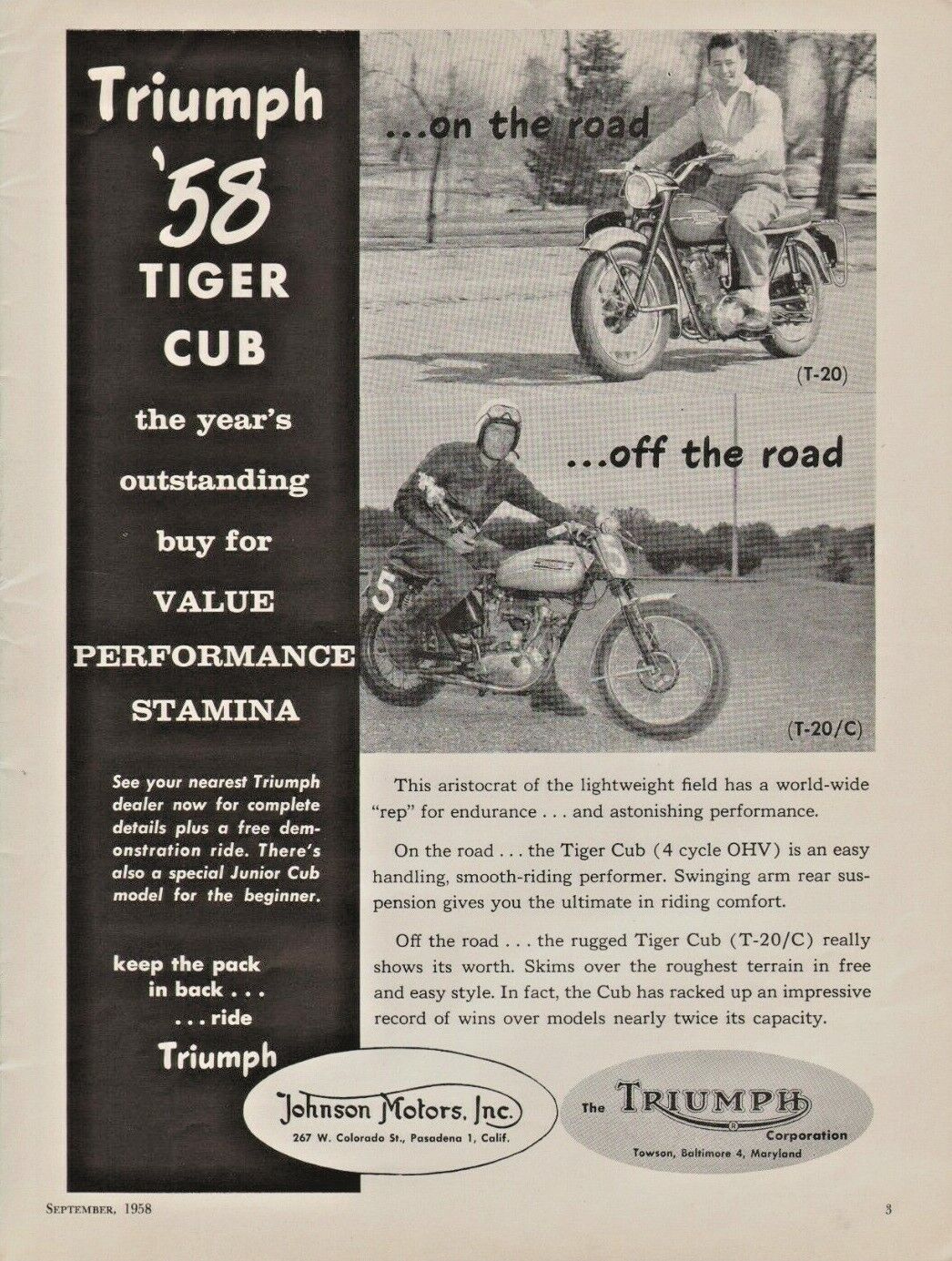 1958 Triumph Tiger Cub T-20/C - Vintage Motorcycle Ad
