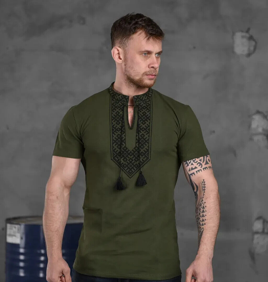 Men\'s Tactical T-Shirt Embroidered Olive Cotton Military Breathable Lightweight