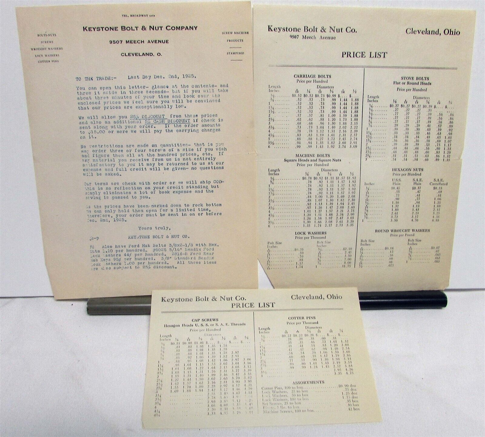 1925 Keystone Bolt & Nut Co Price List Company Letter Specs Sales Data Sheets