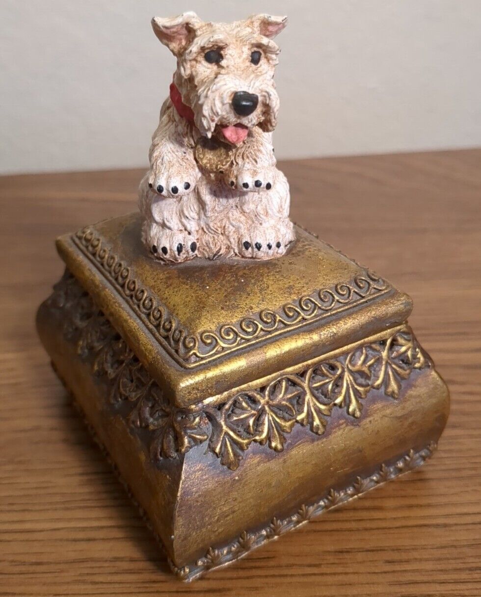 White Scotty Puppy Dog Terrier Trinket Box Gold Ornate Ceramic 4\