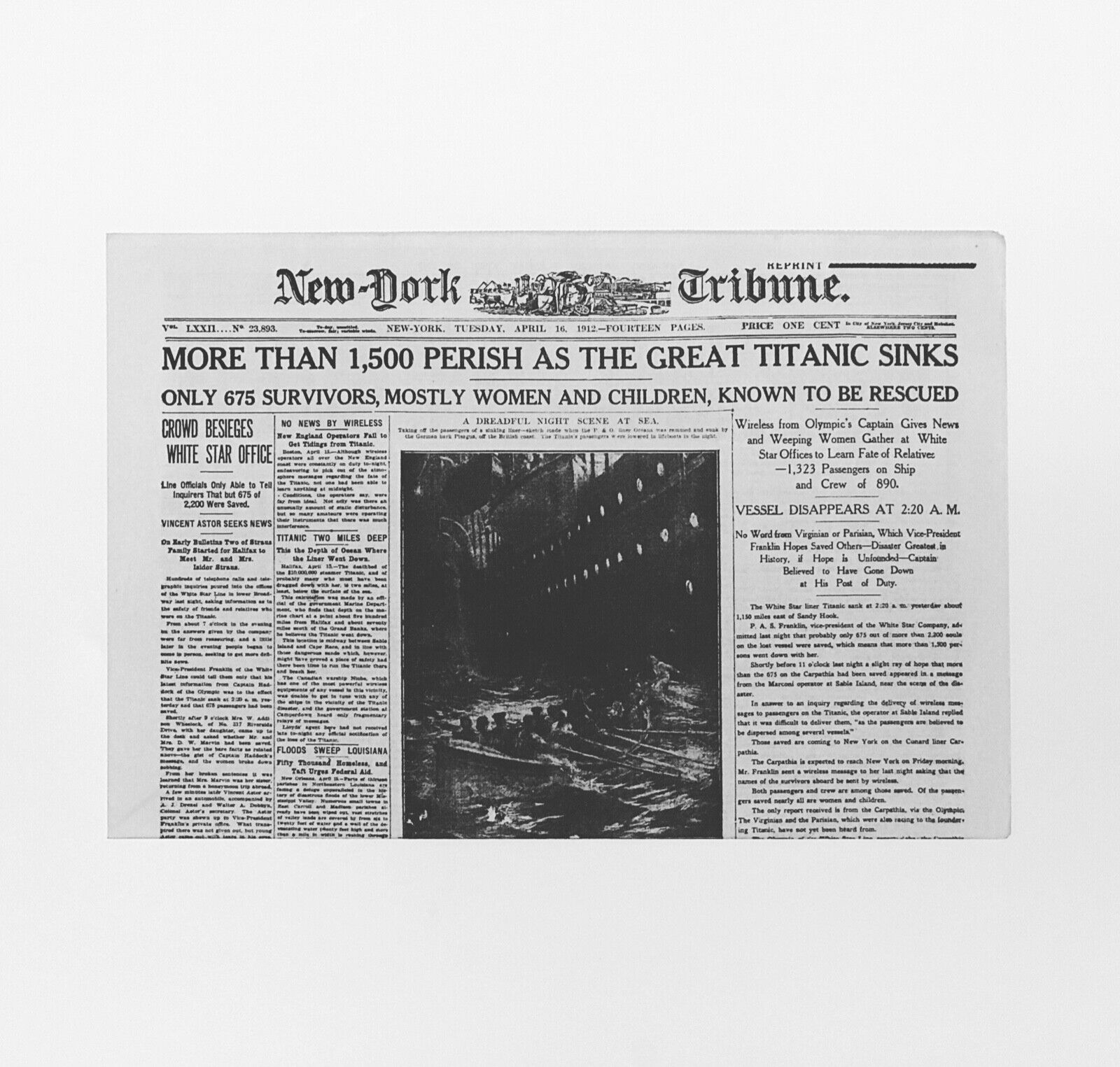 NEWSPAPER REPRINT - Titanic: More Than 1,500 Perish as the Great Titanic Sinks
