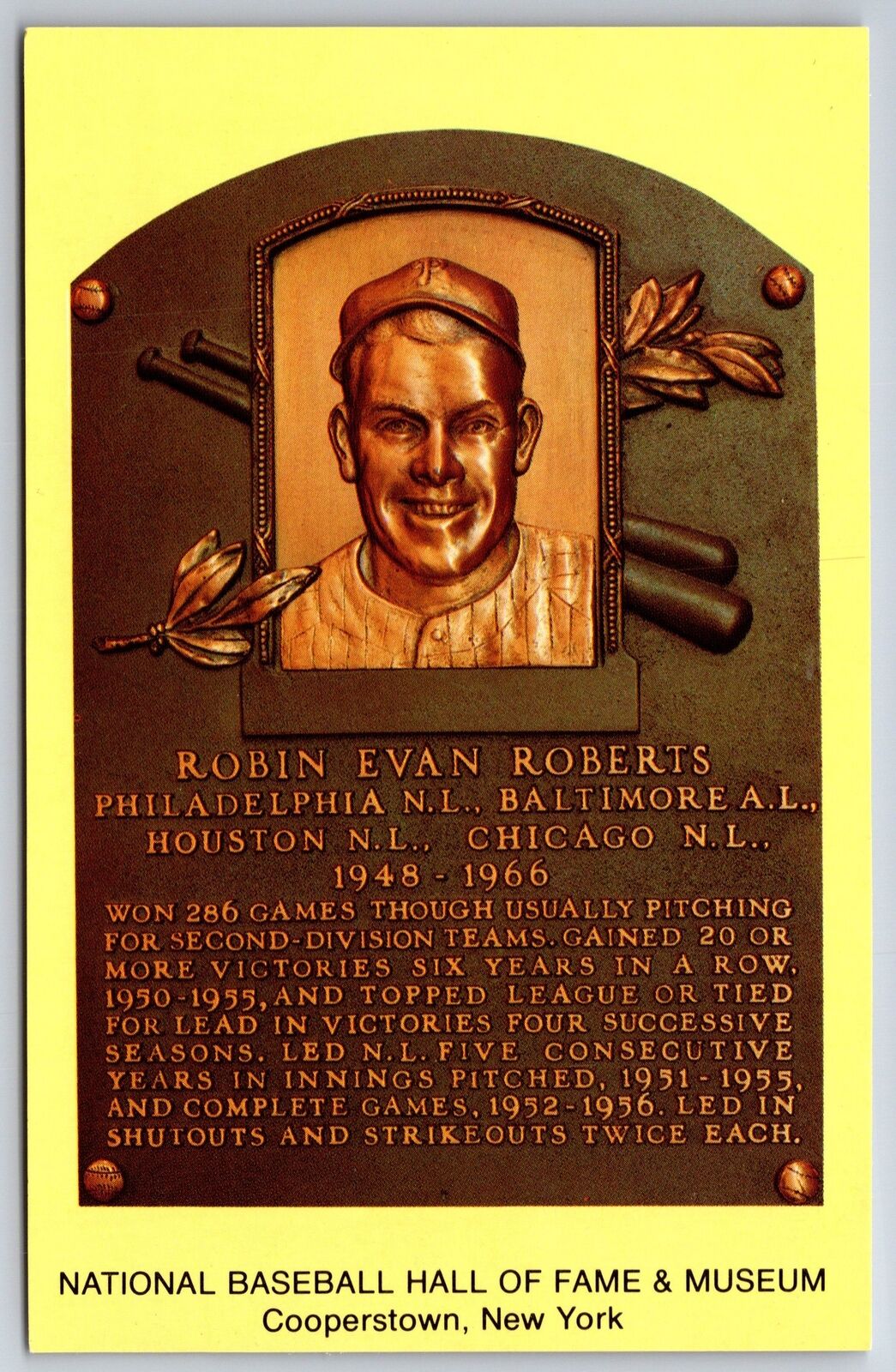 Sports~Robin Evan Roberts National Baseball Hall of Fame B&W~Vintage Postcard