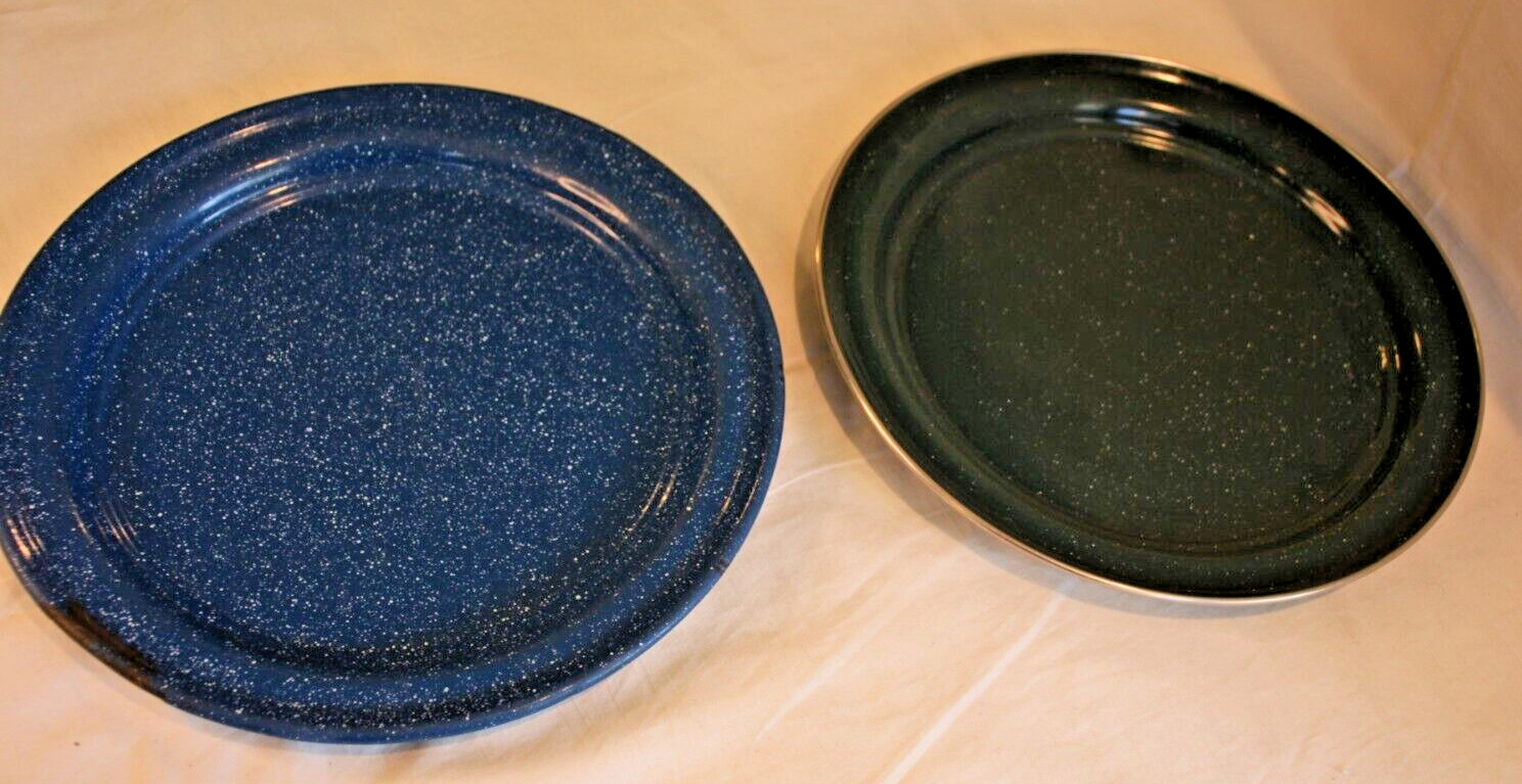 2 Enamelware Plates Blue, green Speckle Metal Plate 10” Camping Outdoors used