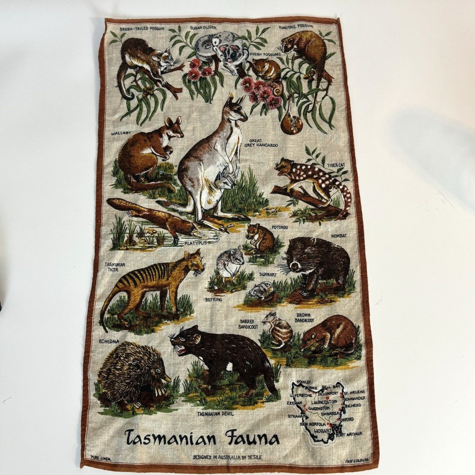 Vintage Tasmanian Fauna Tea Towel Pure Linen Australian Souvenir Poland 80's