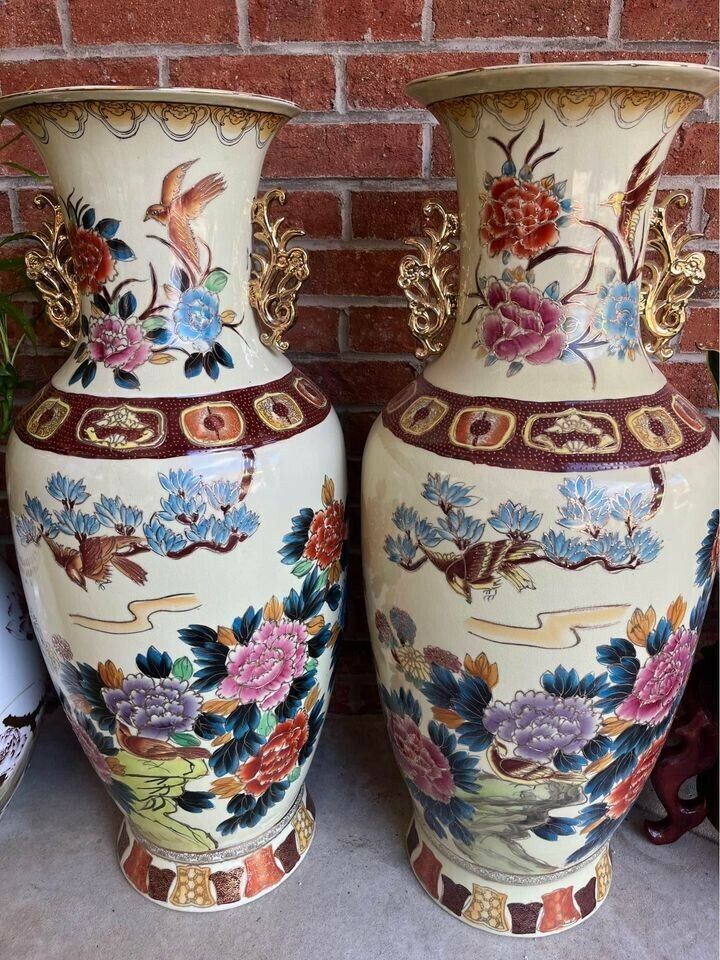 Pair Monumental Bird Floor Vase  Flowers Vintage Chinoiserie Chinese Temple Vase