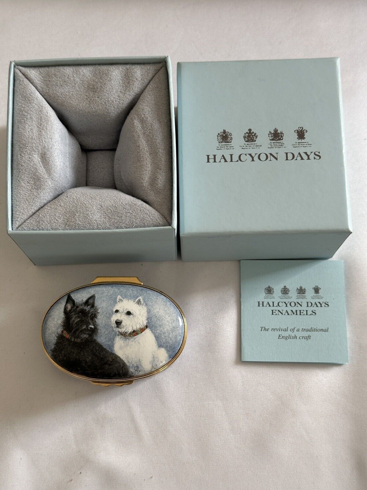 Rare halcyon days enamel box dogs Inky And Scooter Blue Enamel Gold Rim With Box