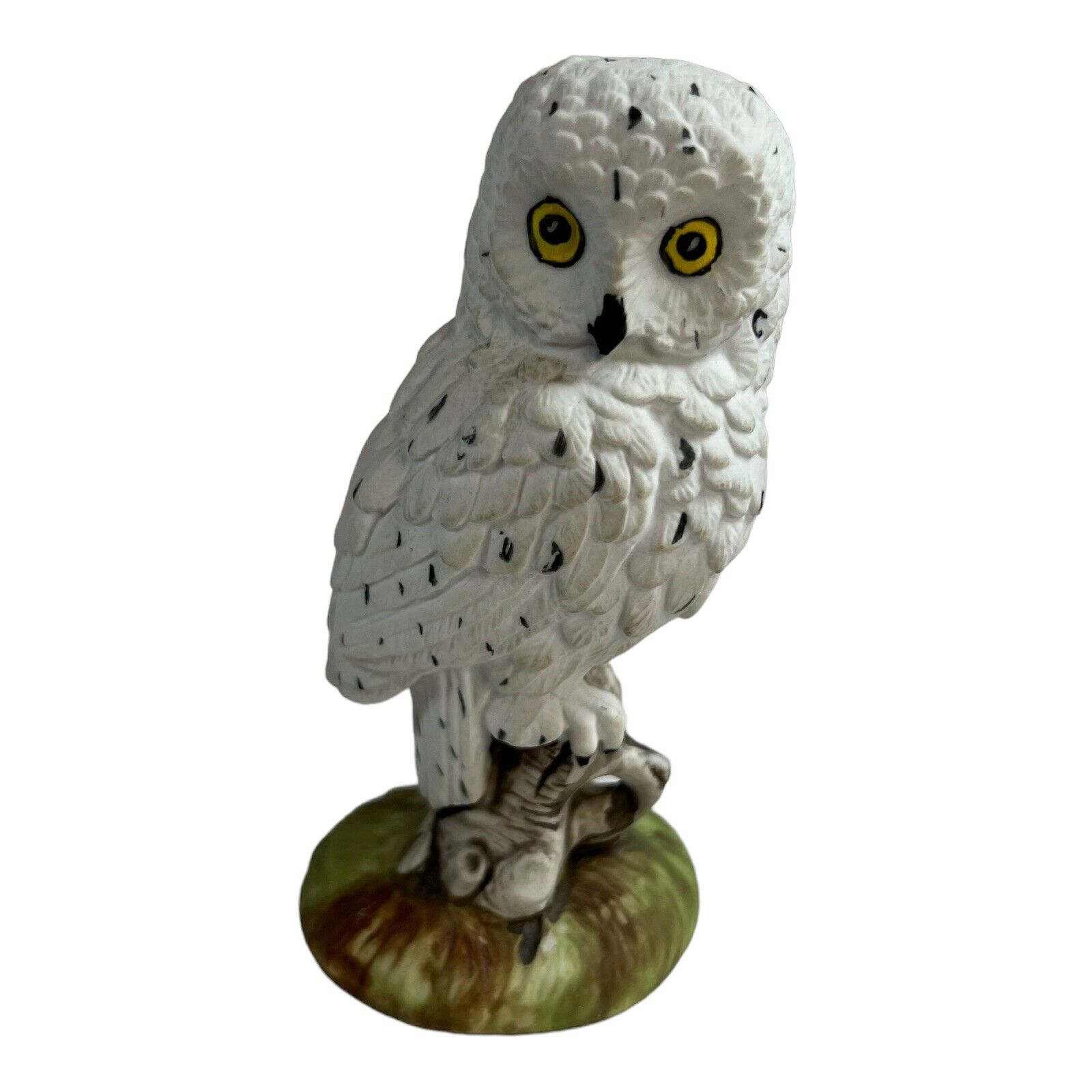 Vintage Snowy Owl Mystical White Owl Tree Branch Paperweight Figurine Wide Eyed