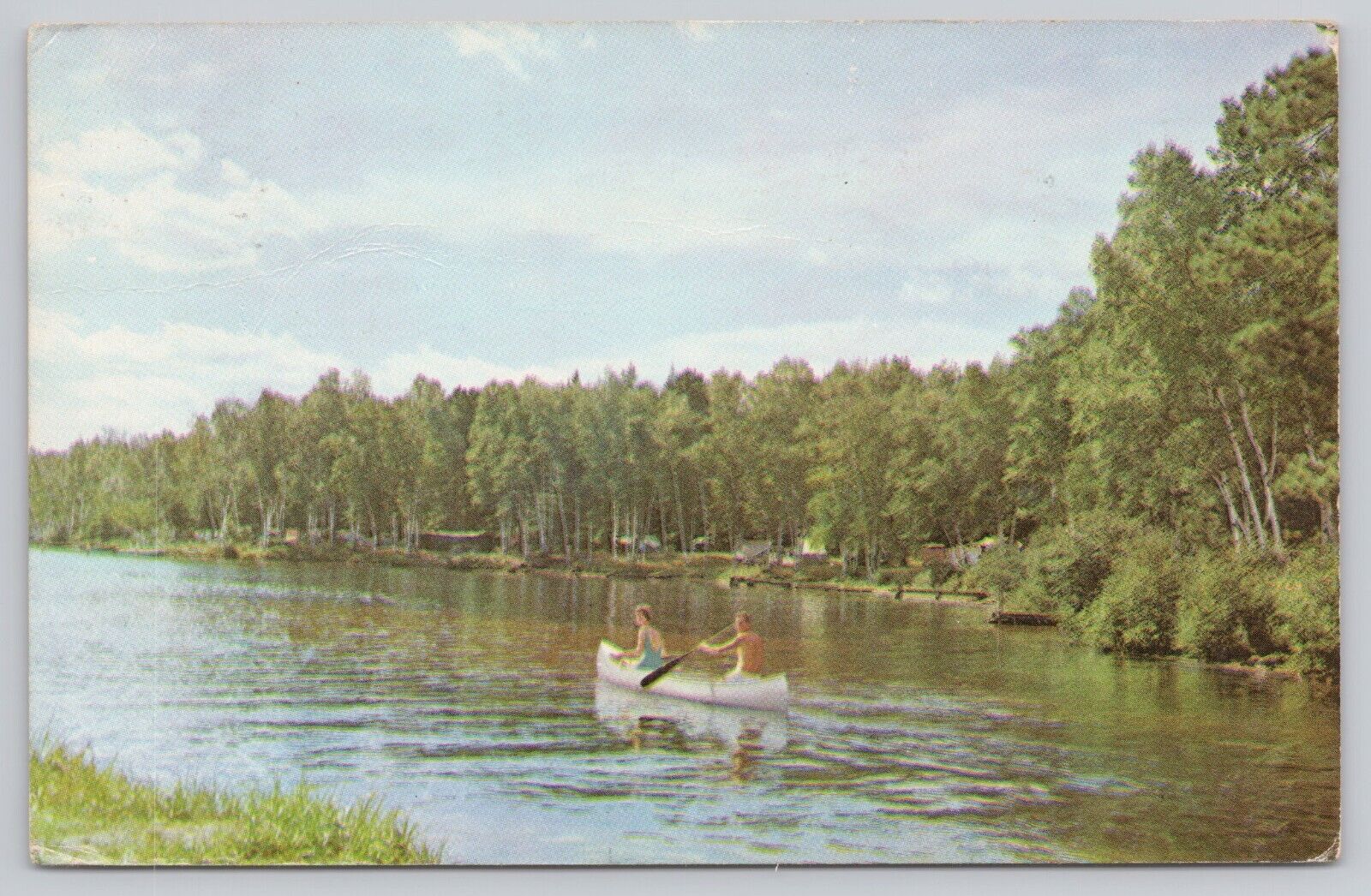 Hampden Massachusetts, Greetings, Couple Canoeing Scenic View, Vintage Postcard