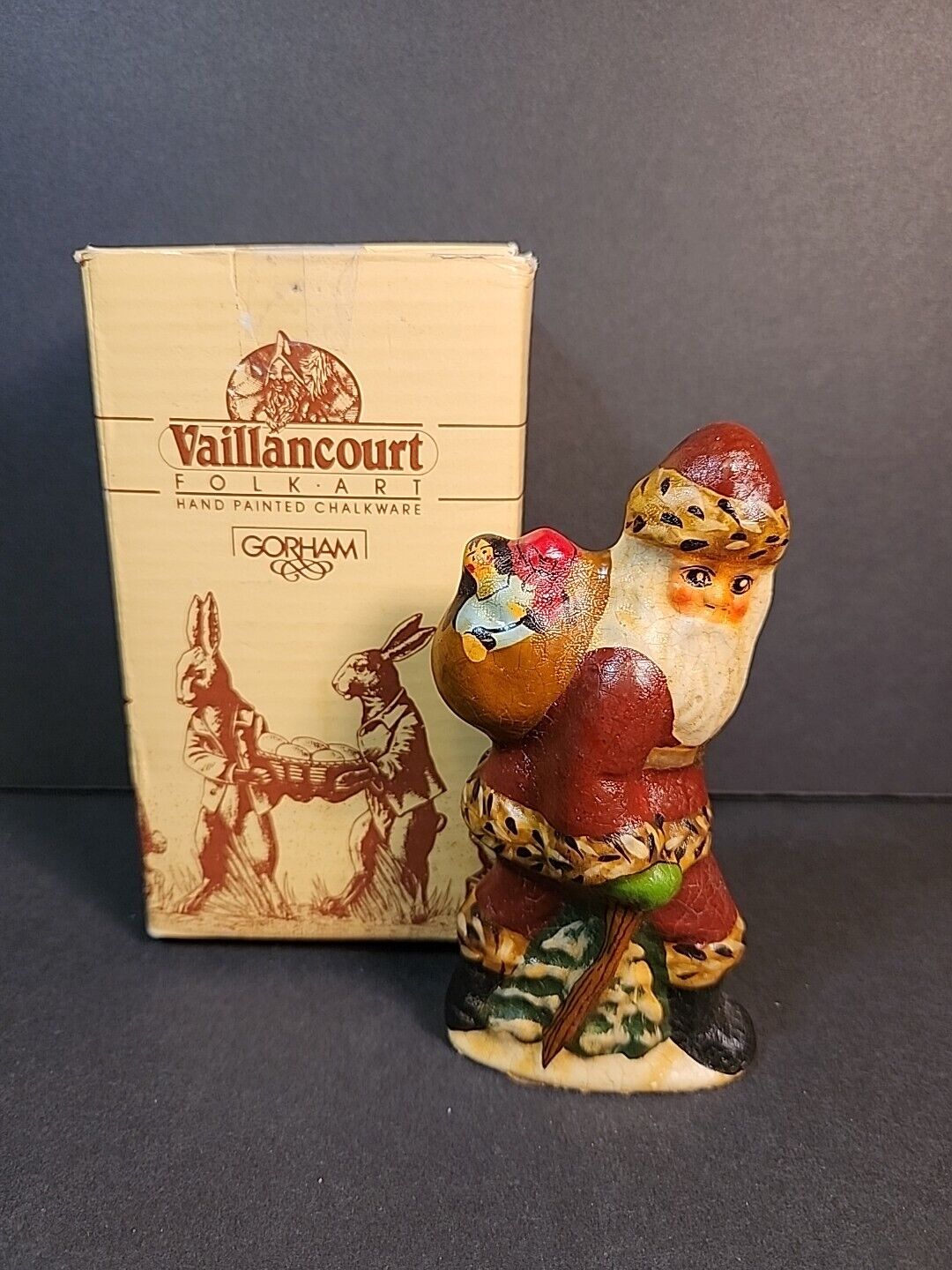 Vaillancourt Folk Art 1987 Santa Father Christmas With Walking Stick with Box 