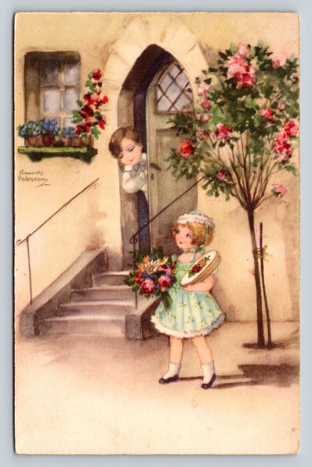 Early 1900s Adorable Children Floral COLORFUL Harmes Petersen ANTIQUE Postcard