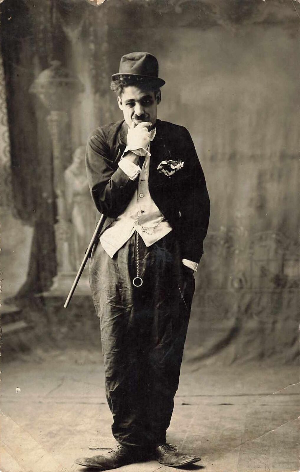 Rare 1910s CHARLIE CHAPLIN RPPC Photo Postcard Silent Actor halloween costume