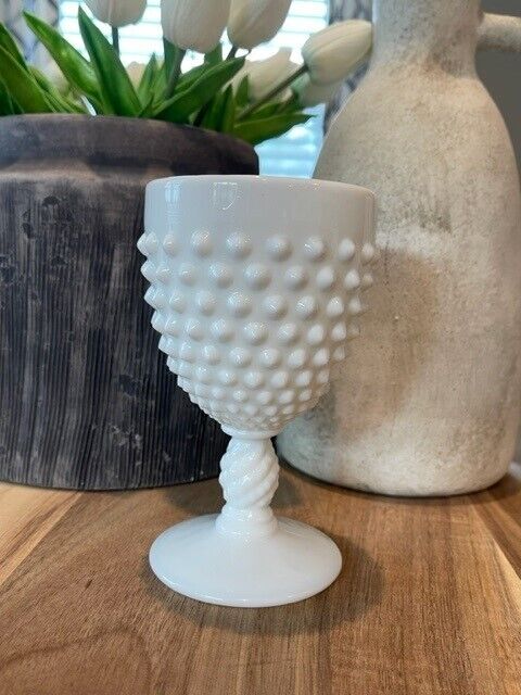 Beautiful Vintage Fenton White Pointy Hobnail Pressed Milk Glass Goblet