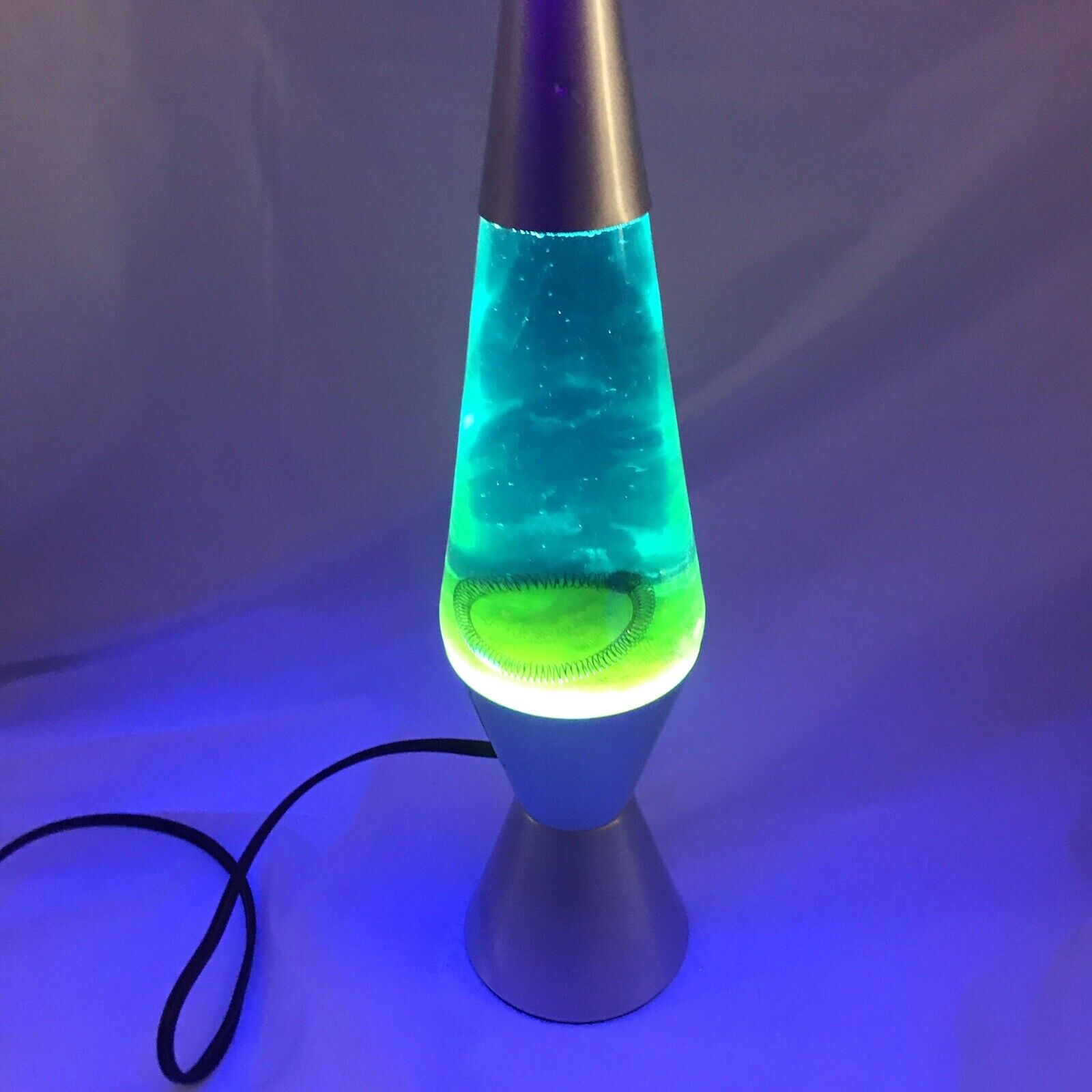 Lava Lamp  14.5 Inch Silver Base Blue Green Liquid Wax Retro