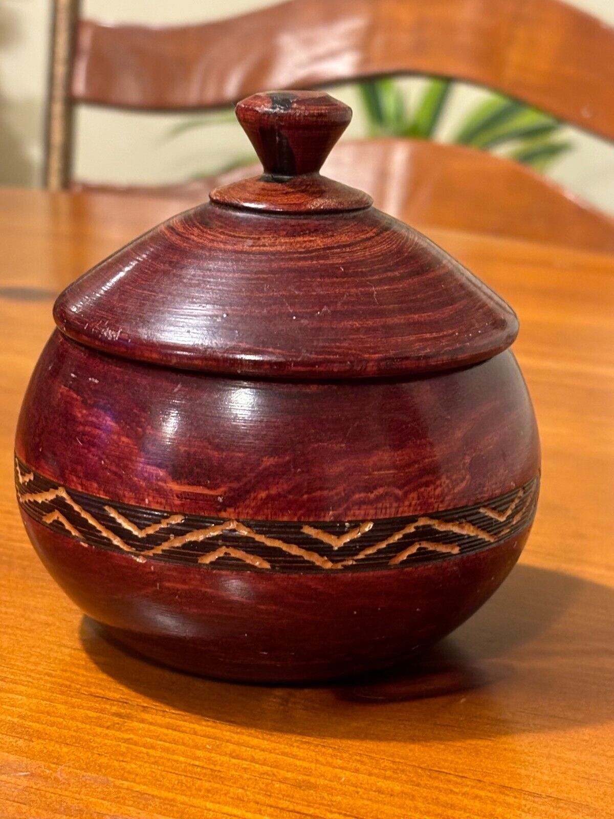 Vintage Hand Made Lathe Turned Wooden Lidded Bowl/Trinket Box Carved Details