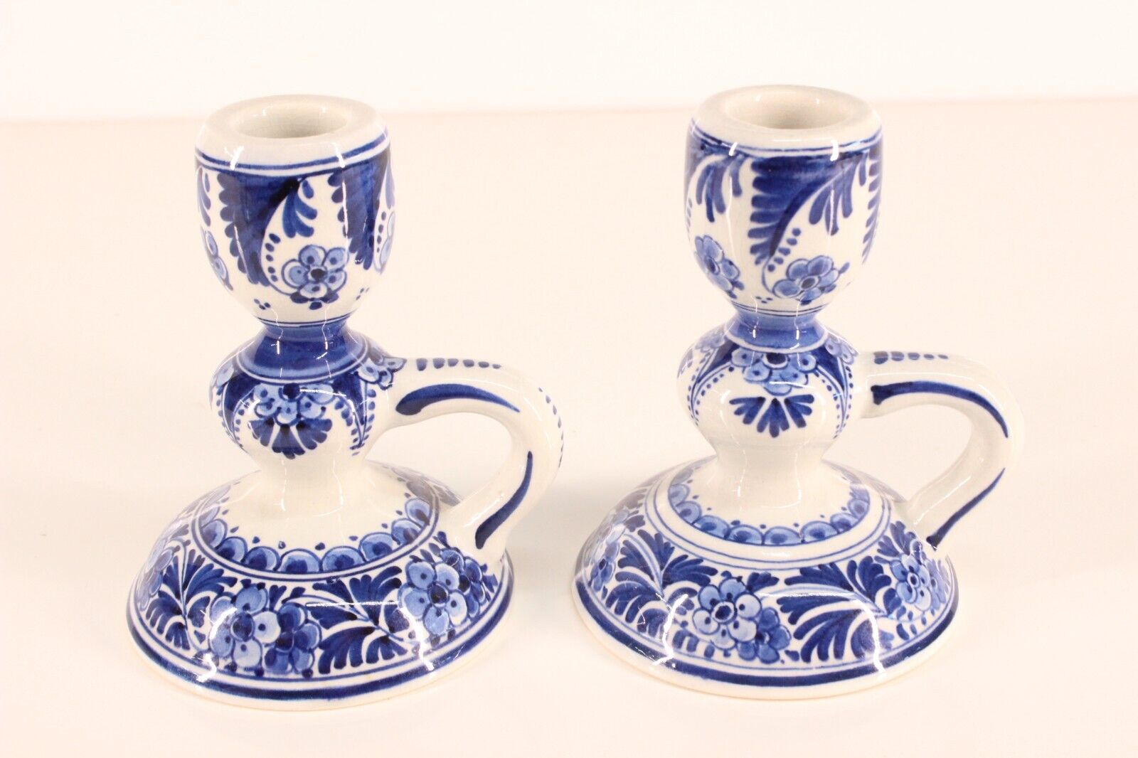 Pair Vintage Royal Delft Porceleyne Fles Blue Hand Painted Candle Holders ...AI1