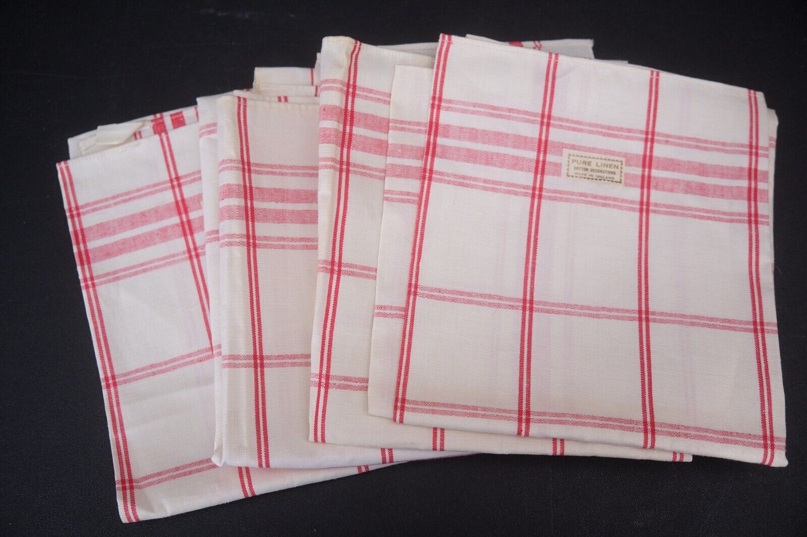 Vintage UNUSED Pure Irish Linen Tea Towels Lot of 4 Red White Stripes