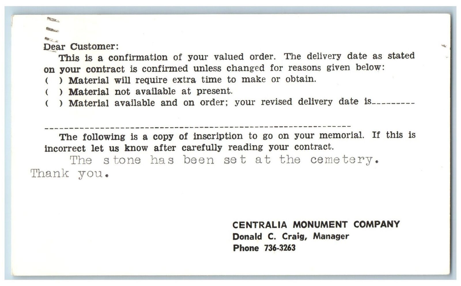 Centralia Washington WA Postcard Centralia Monument Company Confirmation Ad 1975