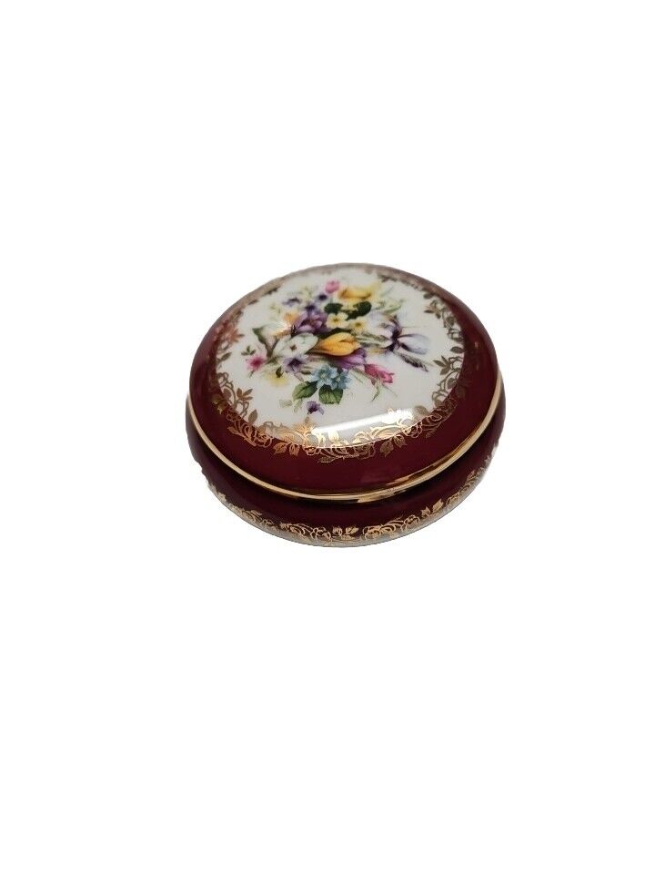 Limoges Hand Painted Flower Round Trinket Box Signed France - Excellent