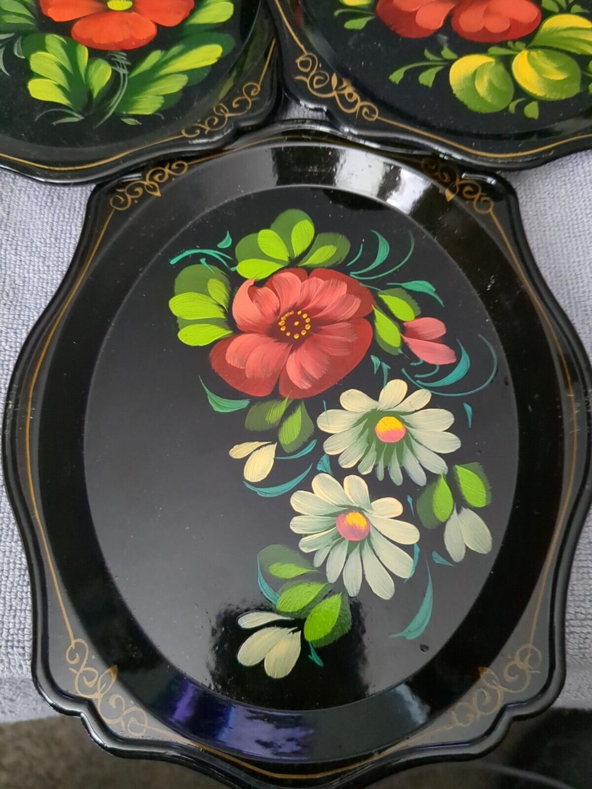 5 Vintage Zhostovo Soviet Russian Hand Painted Flowers Toleware Trays Yeha