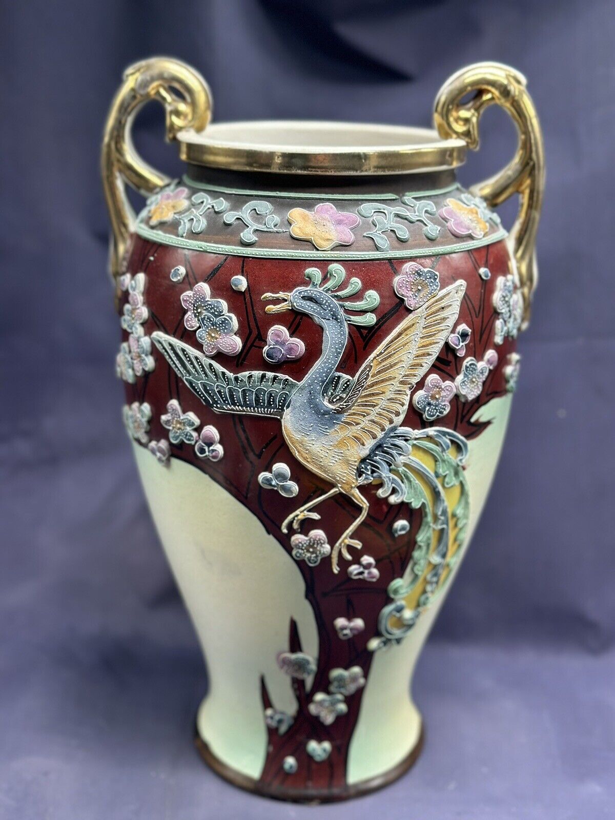 Japanese Moriage Porcelain Vase Handled Raised Enamel Crane Cherry Florals
