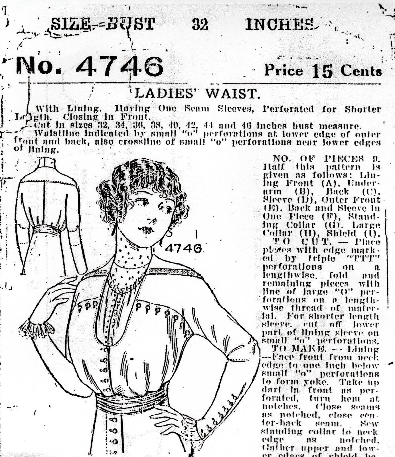 Historical Woman’s 1907 Clothing Blouse Pattern Bust Sizes 32-46#34