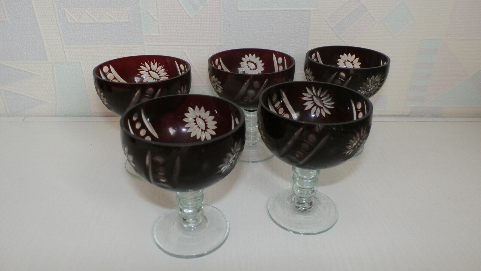 Colored crystal. Glasses. Wine glasses. Bordeaux color. Crystal from Bohemia