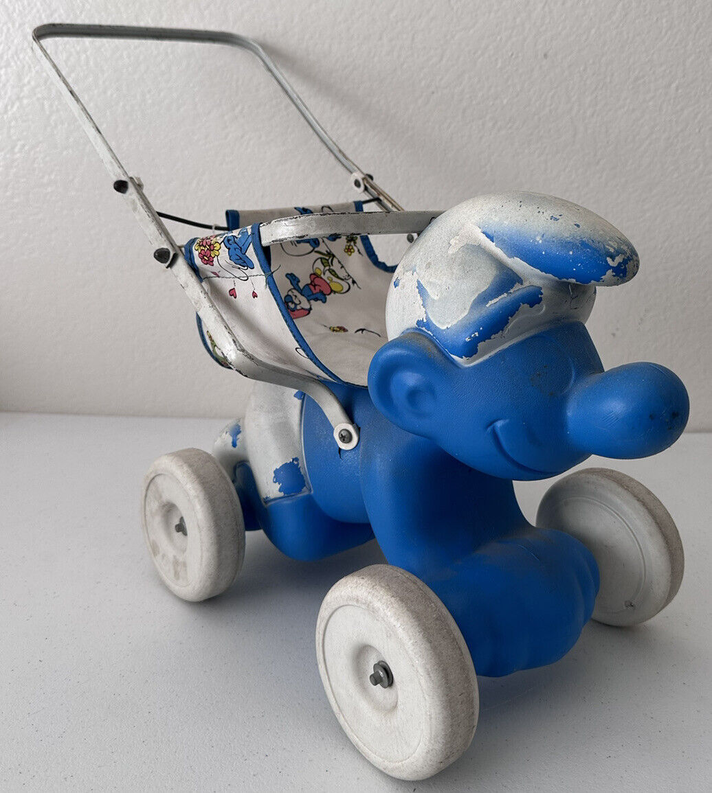 Rare 1982 Coleco Smurf Piggyback Doll Stroller, Blue & White, Collectible Toy